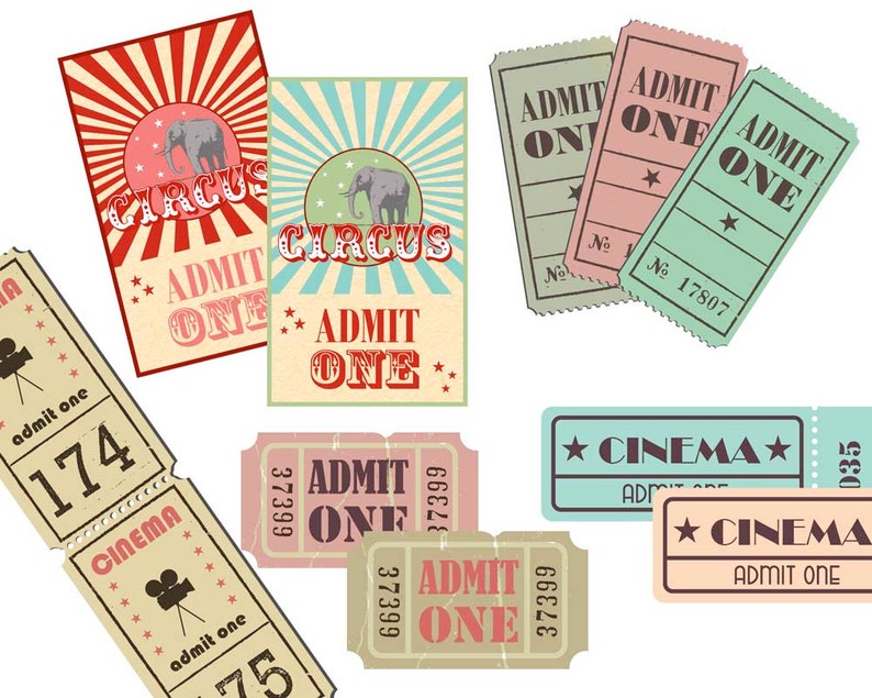 Movie Clipart Cinema ticket Vintage ticket clipart Film clipart Movie planner stickers Circus clipart Admit one DIY Cinema ticket Party