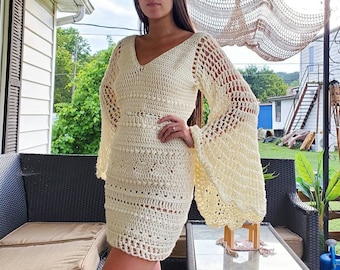 Bell Sleeve Hippie Wedding Dress / Boho Crochet Vow Renewal Dress