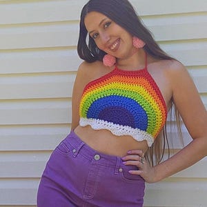 Rainbow Crochet Festival Halter Crop Top / Retro 70s Gay Lesbian Pride Rave Shirt / Love is Love / Rainbow Hippie Bikini / Boho LGBTQ Bra