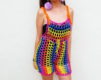 Rainbow Crochet Overalls / Gay Lesbian Bisexual Pride Top / LGBTQ Festival Shorts / Boho Hippie Shirt / 70s 80s Retro Rave Wear / Grunge