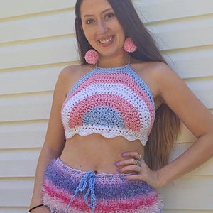 Crochet Trans Pride Rainbow Halter Top / Boho Hippie Festival Outfit / Transgender Rave Crop Top / 70s 80s Knit Rainbow Bikini / LGBTQ Pride