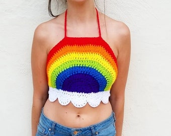 Rainbow Crochet Festival Halter Crop Top / Retro 70s Gay Lesbian Pride Rave Shirt / Love is Love / Rainbow Hippie Bikini / Boho LGBTQ Bra