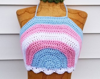 Crochet Trans Pride Rainbow Halter Top / Boho Hippie Festival Outfit / Transgender Rave Crop Top / 70s 80s Knit Rainbow Bikini / LGBTQ Pride