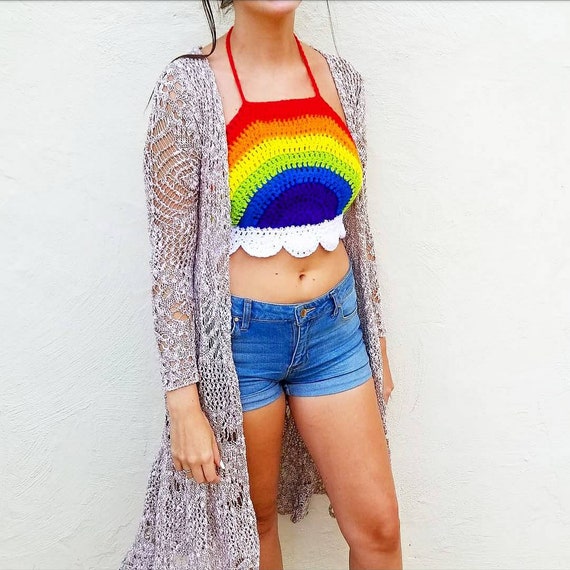 Rainbow Crochet Festival Halter Crop Top Retro 70s Gay Lesbian