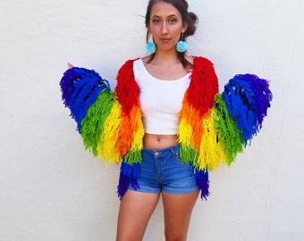 Rainbow Fringe Cardigan / Hippie Festival Top / Gay Lesbian Pride Furry Fuzzy Jacket / Boho 70s 80s 90s Sweater / Love is Love / LGBTQ LGBT