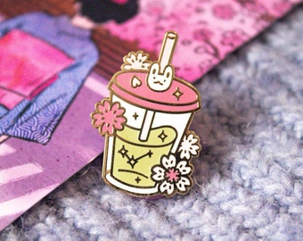 Bubble Tea Enamel Pin | Sakura Cherry Blossom Art Design | Matcha Tea