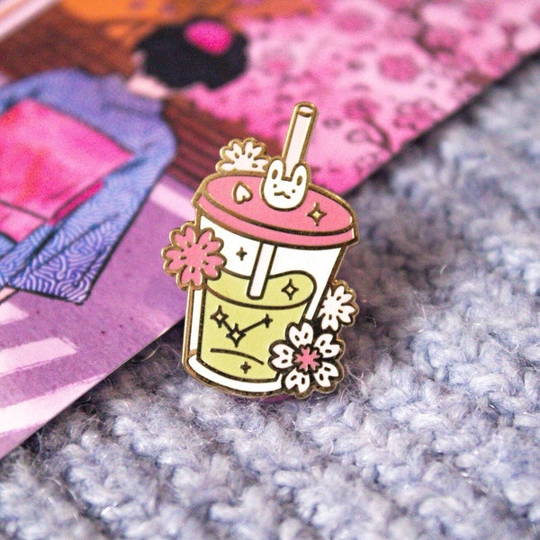 Bubble Tea Enamel Pin | Sakura Cherry Blossom Art Design | Matcha Tea