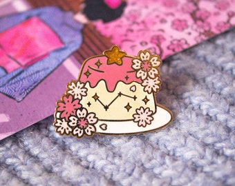 Japanese Dessert Enamel Pin Sakura - Japanese Cherry Blossom Art, Kawaii Moon and Stars Design - Hanami Picnic Collection