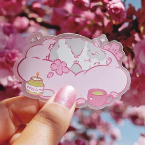 Pegatina de hámster kawaii perezoso, flor de cerezo Sakura, calcomanía transparente