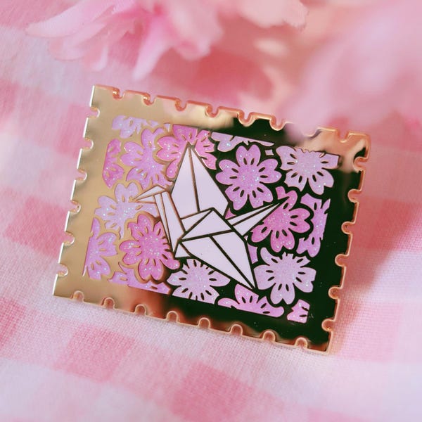 origami crane enamel pin japanese cherry blossom sakura glitter tokyo kyoto design