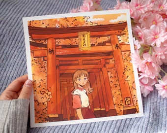 Autumn Japan Art Print | Japanese Fall Illustration, Fushimi Inari Tori Gate Kyoto