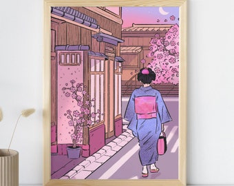 May include: A framed A5 print of a Japanese street scene. A woman in a kimono walks down a street lined with buildings and cherry blossom trees. The print has a wooden frame and is a mock-up.