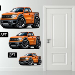May include: Three orange Ford F-150 pickup trucks in different sizes: 4 ft, 3 ft, and 2 ft. The trucks are cartoon-style illustrations with black accents and white lettering.