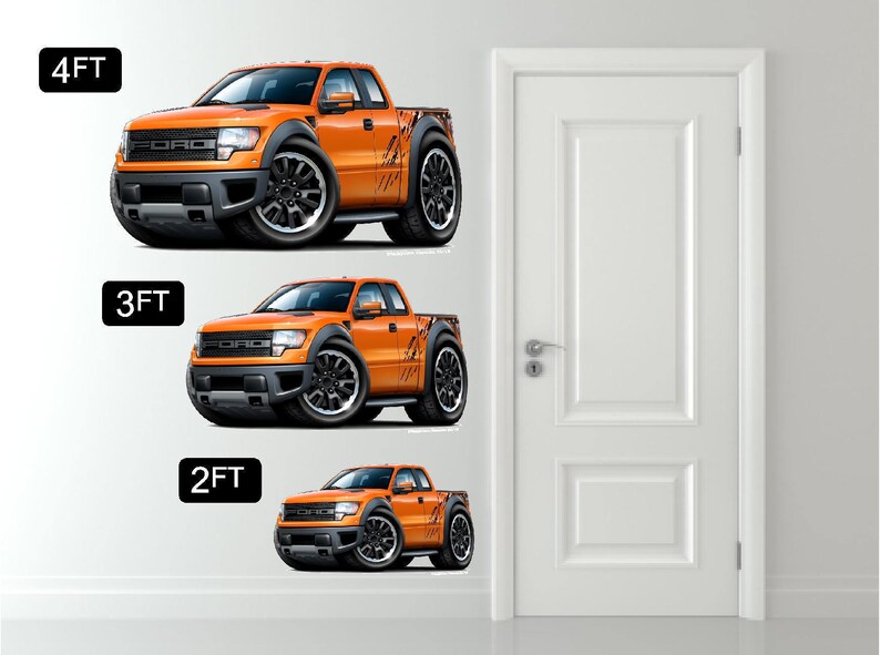 May include: Three orange Ford F-150 pickup trucks in different sizes: 4 ft, 3 ft, and 2 ft. The trucks are cartoon-style illustrations with black accents and white lettering.