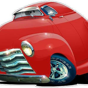 May include: A red cartoon-style vintage car with chrome accents and large tires. The car has a rounded body and a large grill.