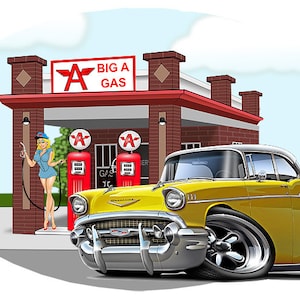1957 Chevy Gas Station Wall Decal, Vinyl Decal, Classic Car, Retro Car Decal, Gift for Him, Antique Car, Man Cave Sign