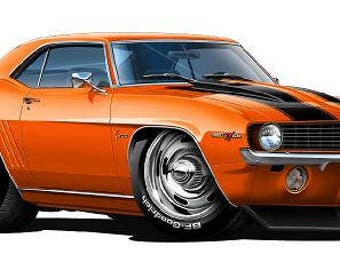 May include: A bright orange 1969 Chevrolet Camaro with black racing stripes and chrome accents. The car has a black interior and a black vinyl roof.