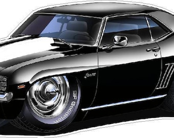 May include: Black and white cartoon illustration of a classic 1969 Chevrolet Camaro with a white stripe down the hood. The car has a black interior and black wheels with whitewall tires. The car is sitting on a white background.