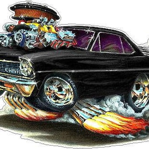 May include: A black Chevrolet Nova muscle car with a large engine and flames coming out of the exhaust pipes. The car is in motion and has a blurred background.