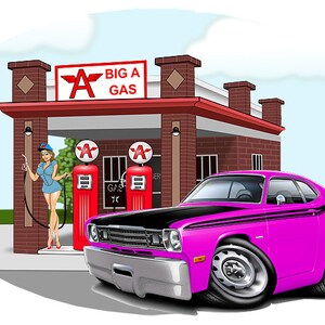 May include: A pink vintage muscle car with black racing stripes pulls up to a petrol station with a red and white "Big A Gas" sign. A woman in a blue uniform is pumping petrol.