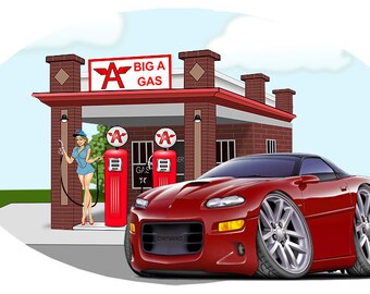 May include: A red cartoon car with a black roof and black wheels is parked in front of a vintage gas station with a red and white sign that reads "Big A Gas".