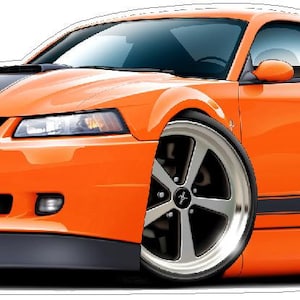 May include: A cartoon illustration of an orange Ford Mustang with black racing stripes. The car has a black front bumper and black wheels with silver spokes.