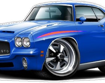 May include: A blue 1970s muscle car with a black grille and the word "GTO" on the front. The car has a white stripe and an orange stripe on the side.