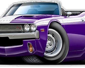 May include: Purple 1970s Dodge Challenger convertible with white racing stripes. The car has a black interior and chrome accents. The car is a classic muscle car.