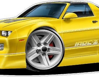 May include: A yellow cartoon illustration of a classic Camaro IROC-Z sports car. The car has black accents and large wheels.
