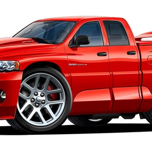 Può includere: Un pick-up Dodge Ram SRT-10 rosso con una griglia nera e ruote nere. Il camion ha uno scoop nero sul cofano e uno spoiler posteriore nero.