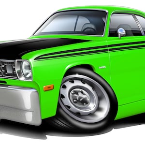 May include: A cartoon illustration of a 1970s Dodge Dart 340 muscle car in green and black. The car has black racing stripes and a black bonnet. The car is facing the viewer.