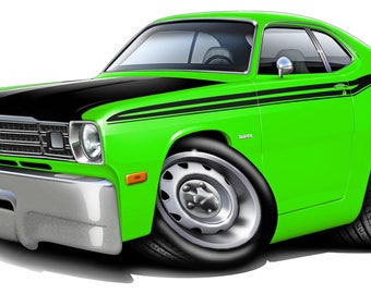 May include: A green and black cartoon illustration of a 1970s Dodge Dart 340 muscle car. The car has black racing stripes and a black hood. The car is facing the viewer.