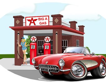 Calcomanía de vinilo para pared de gasolinera Corvette 1956-7: Auto deportivo Chevy clásico