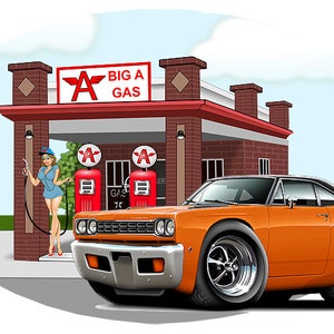 Classic Car Decor, 1968 Road Runner Gas Station Wall Decal, Vinyl Sticker