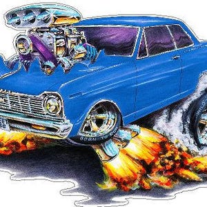 May include: A blue 1960s Chevrolet Chevelle muscle car with a large engine sticking out of the hood. The car is driving fast and leaving a trail of smoke and fire behind it. The car has the words "Street Wise" written on the front bumper.