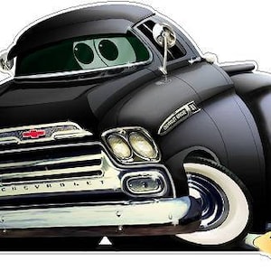 May include: A black cartoon illustration of a 1957 Chevrolet truck with a chrome grill and headlights. The truck has a red Chevrolet logo and the text "Chevrolet" on the front bumper. The truck is on fire and has a white background.