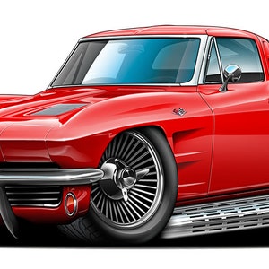 May include: A cartoon illustration of a classic red sports car with chrome detailing. The car features large, stylised wheels, a silver bumper, and a side exhaust. The car's windows are tinted blue.