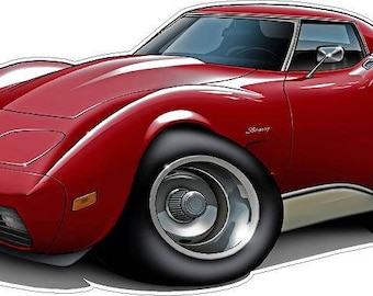May include: A red cartoon illustration of a classic Corvette Stingray sports car. The car has a white stripe along the side and large, black wheels.