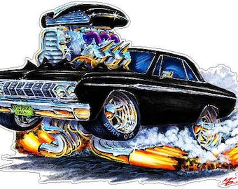 May include: A black 1966 Dodge Coronet cartoon illustration with flames coming out of the exhaust pipes. The car is a muscle car with a large engine and a sporty design. The car is in motion and the wheels are spinning.