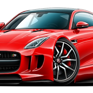 Puede incluir: Un coche deportivo Jaguar F-Type rojo con llantas negras y techo negro. El coche está de frente a la cámara y tiene una parrilla negra con el logotipo de Jaguar.