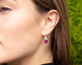 Fuchsia Pink Crystal Leverback Earrings Clear Austrian Crystal Drop Earrings Gold Silver Rose Gold Bridesmaid Gift Jewellery