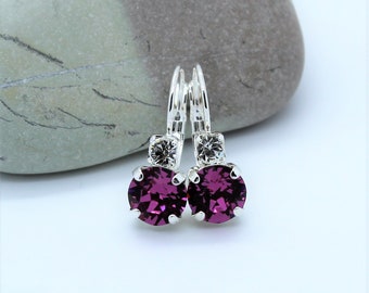 Leverback Earrings made with Fuchsia and Clear Swarovski Crystal Elements