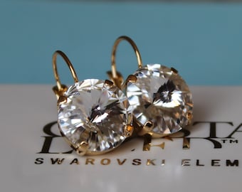 Rivoli Clear 14mm Leverback Earrings made with Swarovski Crystal Elements Choose a Finish