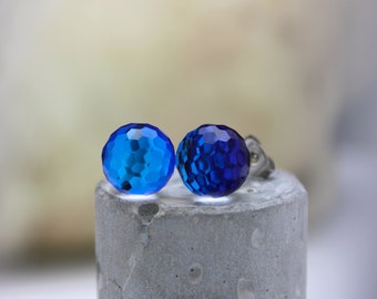 Blue Crystal Disco Ball Stud Earrings, Surgical Steel