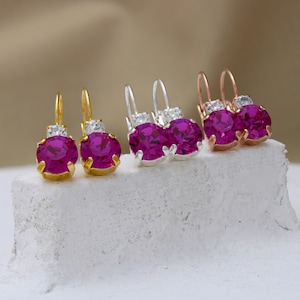 Pendientes de palanca de cristal fucsia y transparente, pendientes de cristal Swarovski Elements rosa, pendientes colgantes con cristales rosa brillante, cristales Duo
