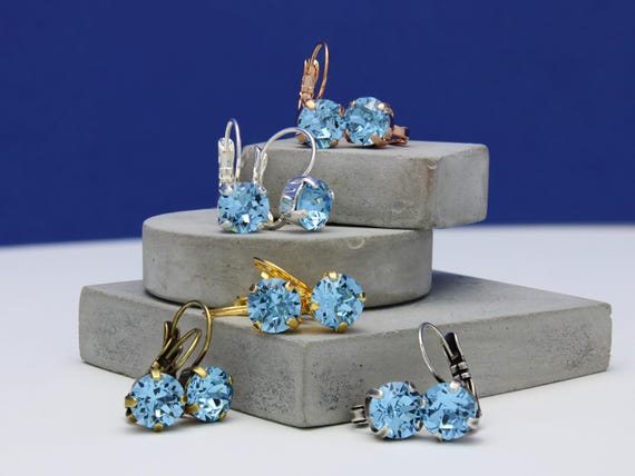 Aquamarine Leverback earrings made with Aquamarine Swarovski Crystal Elements Choose a Finish