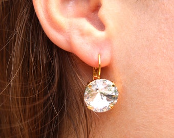 Earrings Made with Swarovski Clear Crystal Elements – 14mm Rivoli Drop Earrings, Sparkly Dangle Earrings, Wedding Jewellery Gift