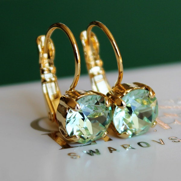 GREEN LEVERBACK EARRINGS Chrysolite Crystal Drop Earrings Made With Swarovski Crystal Elements