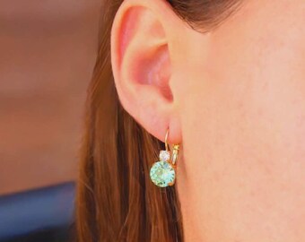Green Crystal Drop Earrings For Women- Gift For The Bride To Be - Bridesmaids Gift - Chrysolite Leverbacks