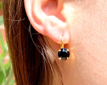Jet Black Crystal Leverback Earrings, Premium 8mm Crystal Earrings, Gold Silver Rose Gold, Minimalist Jewellery, Gift for Her